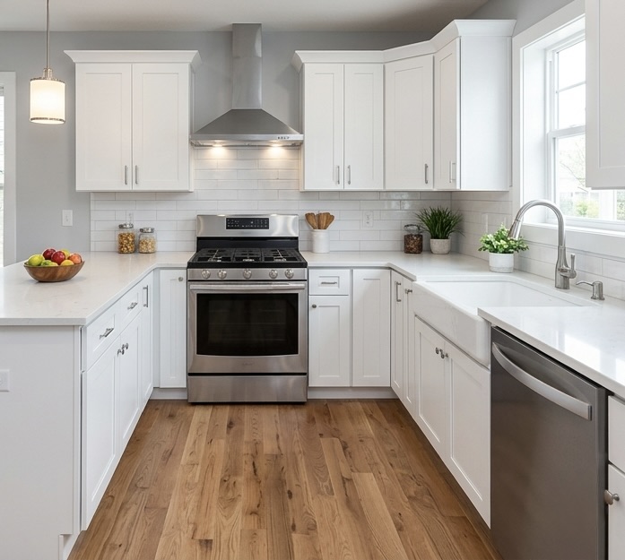 After fire and smoke restoration showing a clean restored kitchen