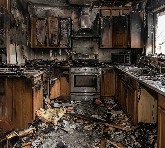 Before fire and smoke damage restoration in a damaged kitchen