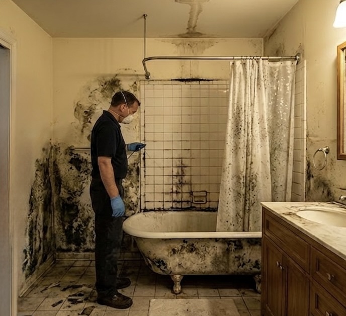 Before mold remediation in a bathroom with visible contamination