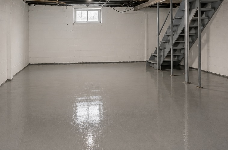 After sewage cleanup showing clean sanitized basement