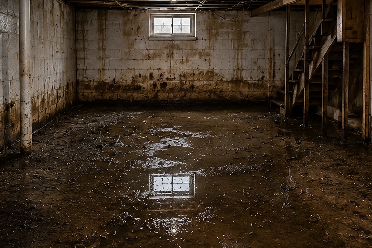 Before sewage cleanup in a contaminated basement