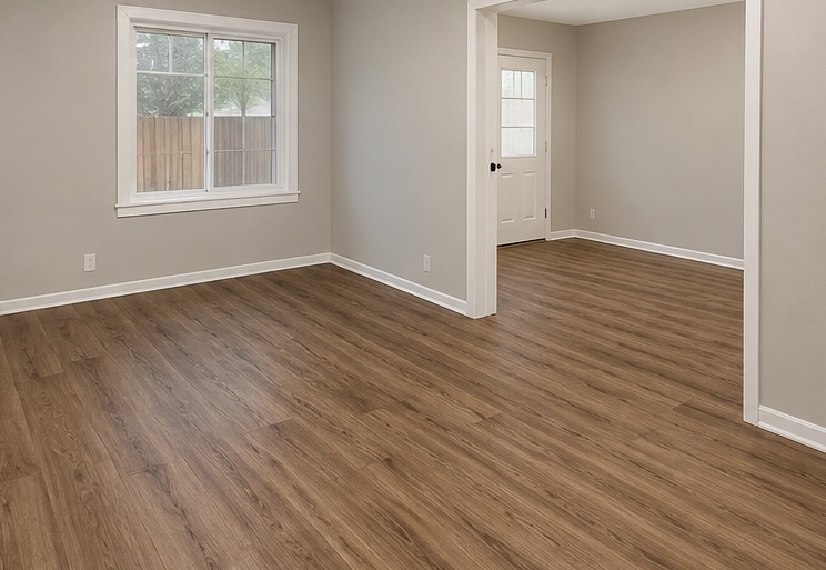 After water damage restoration with clean restored room and flooring