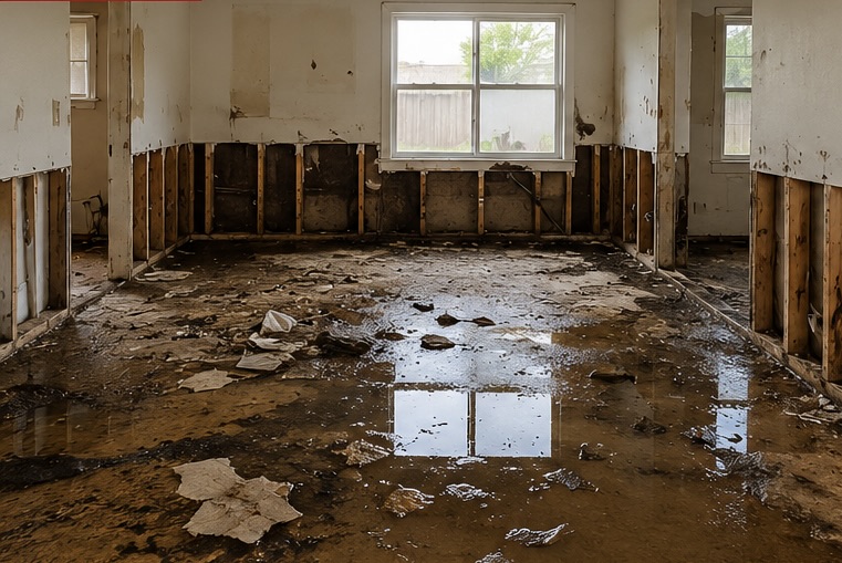 Before water damage restoration with damaged walls and standing water